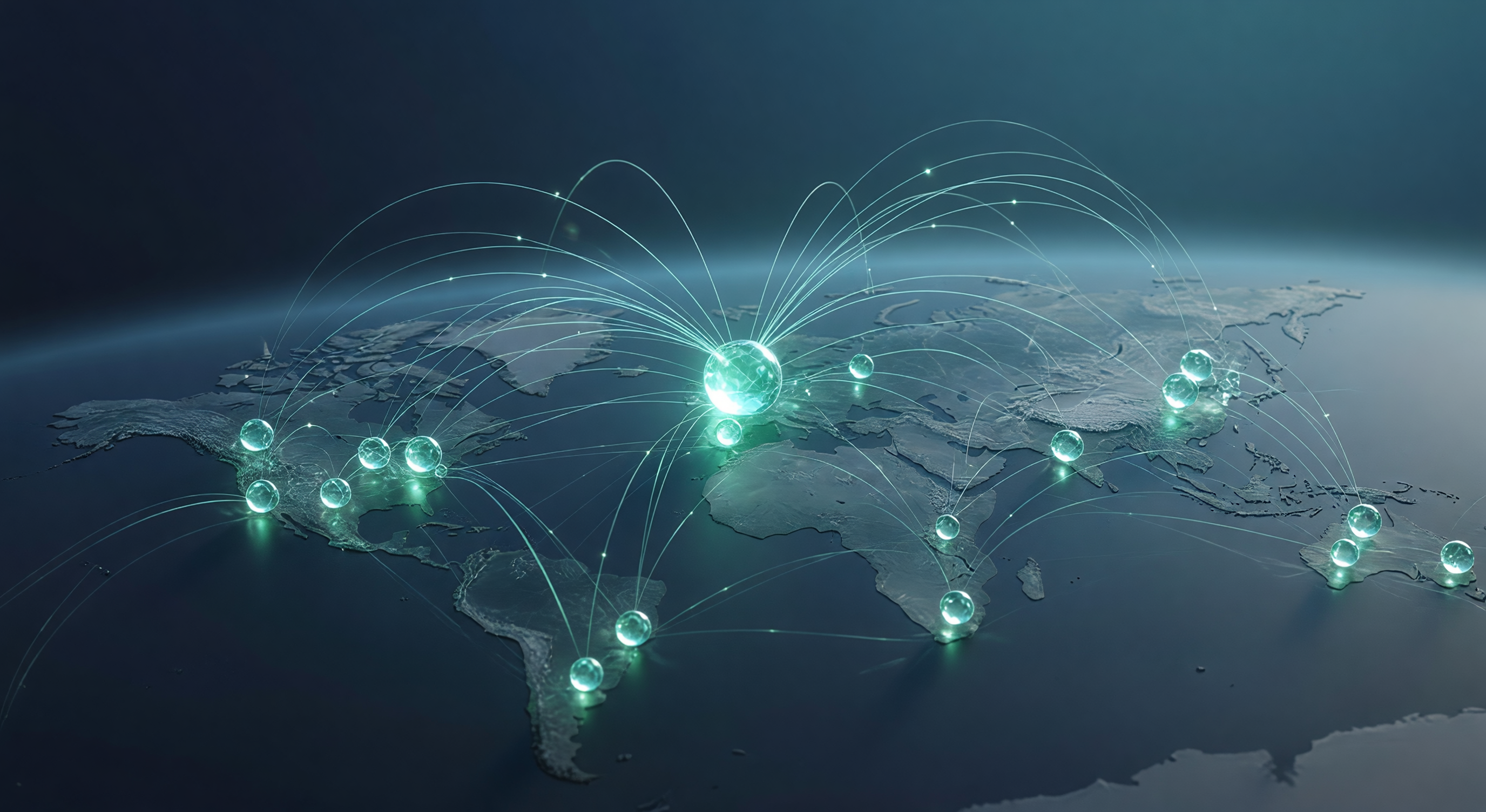 A constellation of partner nodes interconnected by teal light arcs forming a distributed channel network.